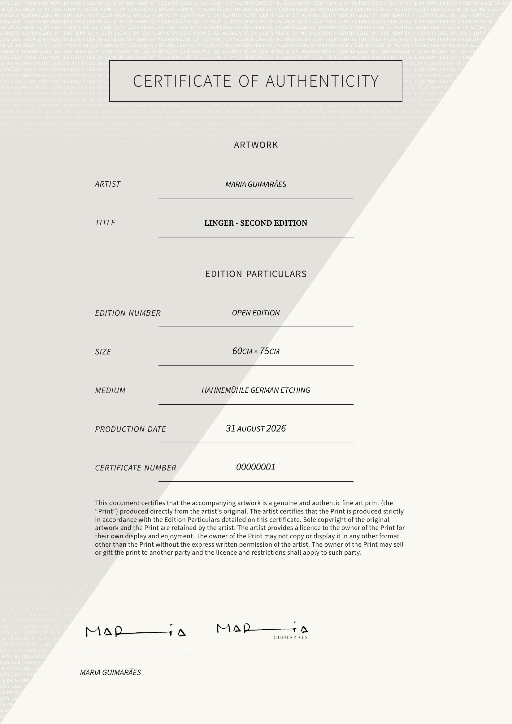 Linger - second edition — Certificate of Authenticity